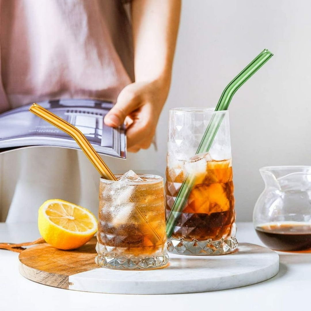 6pc Colourful Glass Straw With Cleaner