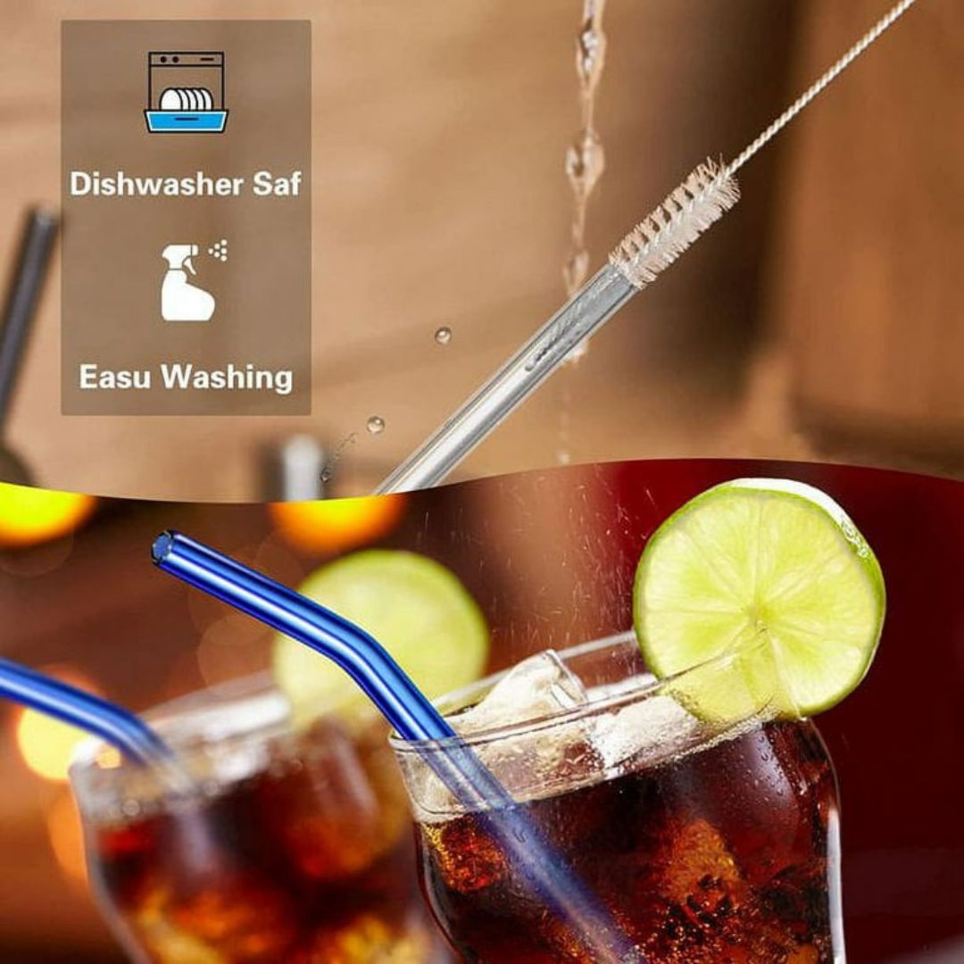 6pc Colourful Glass Straw With Cleaner