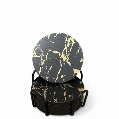 6pc Elegant Marble Wooden Coaster On Stand