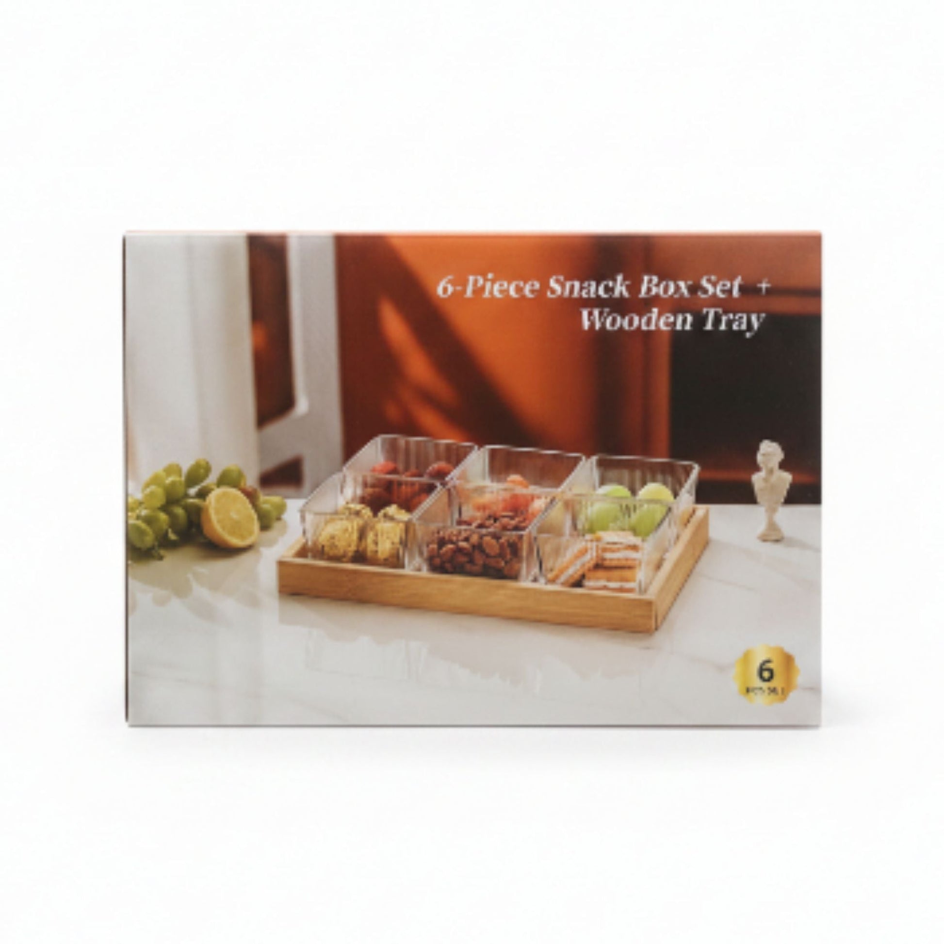 6pc Glass Snack Bowls With Lid On Wooden Tray - 255ml