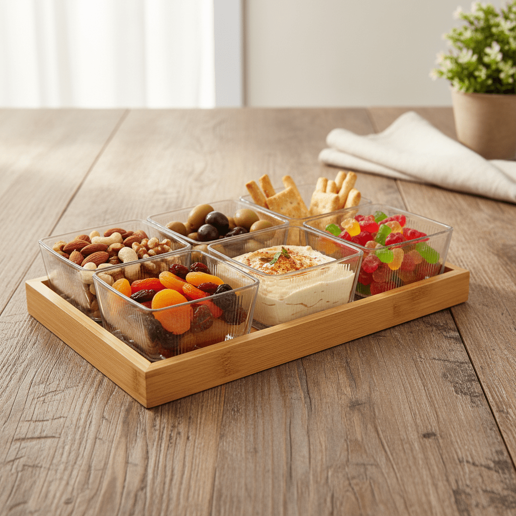 6pc Glass Snack Bowls With Lid On Wooden Tray - 255ml