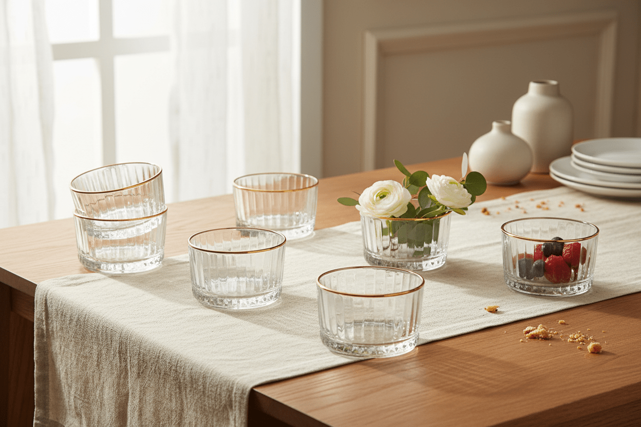 6pc Ribbed Glass Bowl Set - Gold Rim