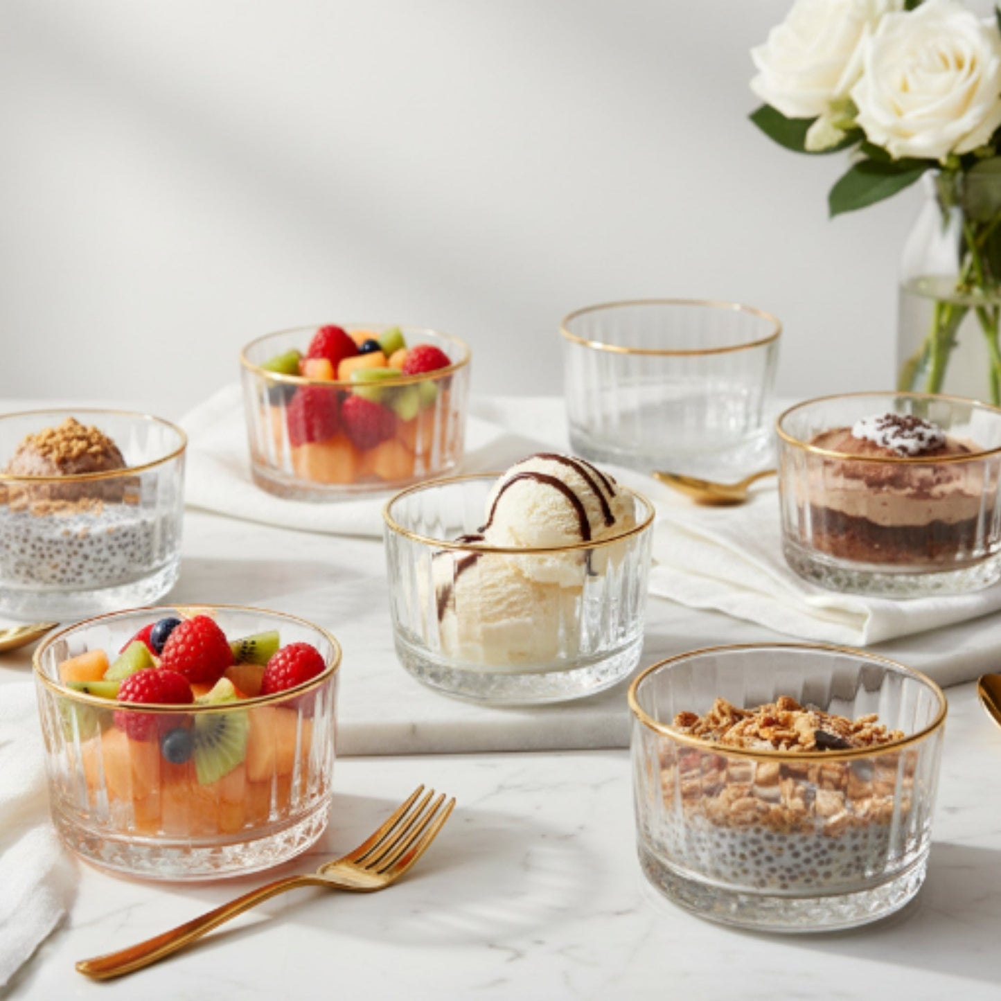 6pc Ribbed Glass Bowl Set - Gold Rim
