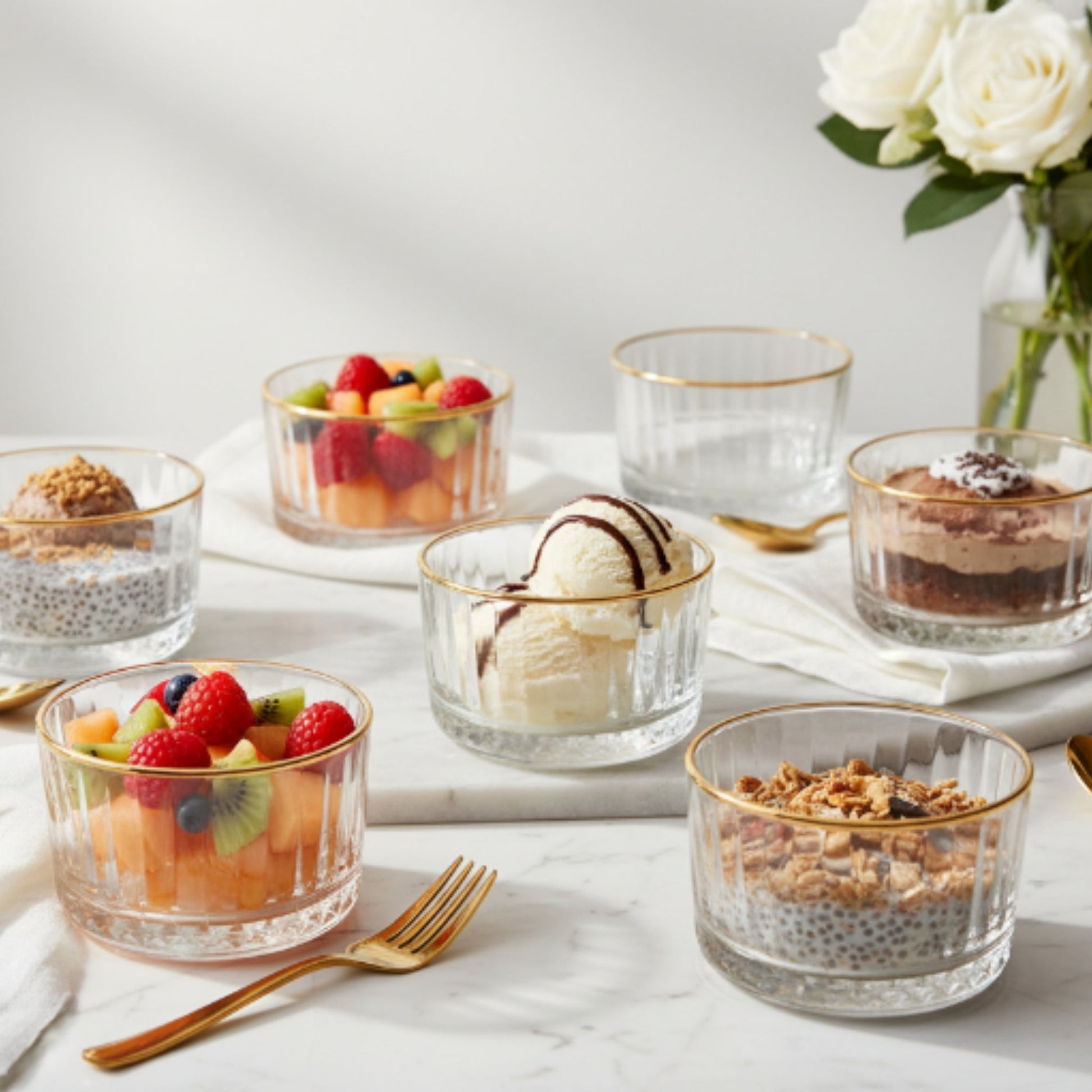 6pc Ribbed Glass Bowl Set - Gold Rim