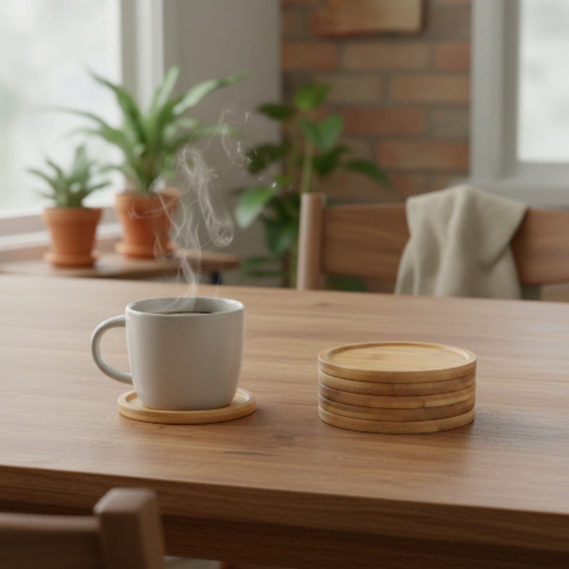 6pc Wooden Coaster Set – 9cm Round Natural Wood Drink Coasters