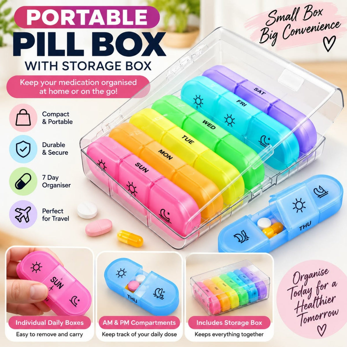 7 Day Portable Pill Box – Weekly Medication Organizer with Storage Case – Compact Travel Design