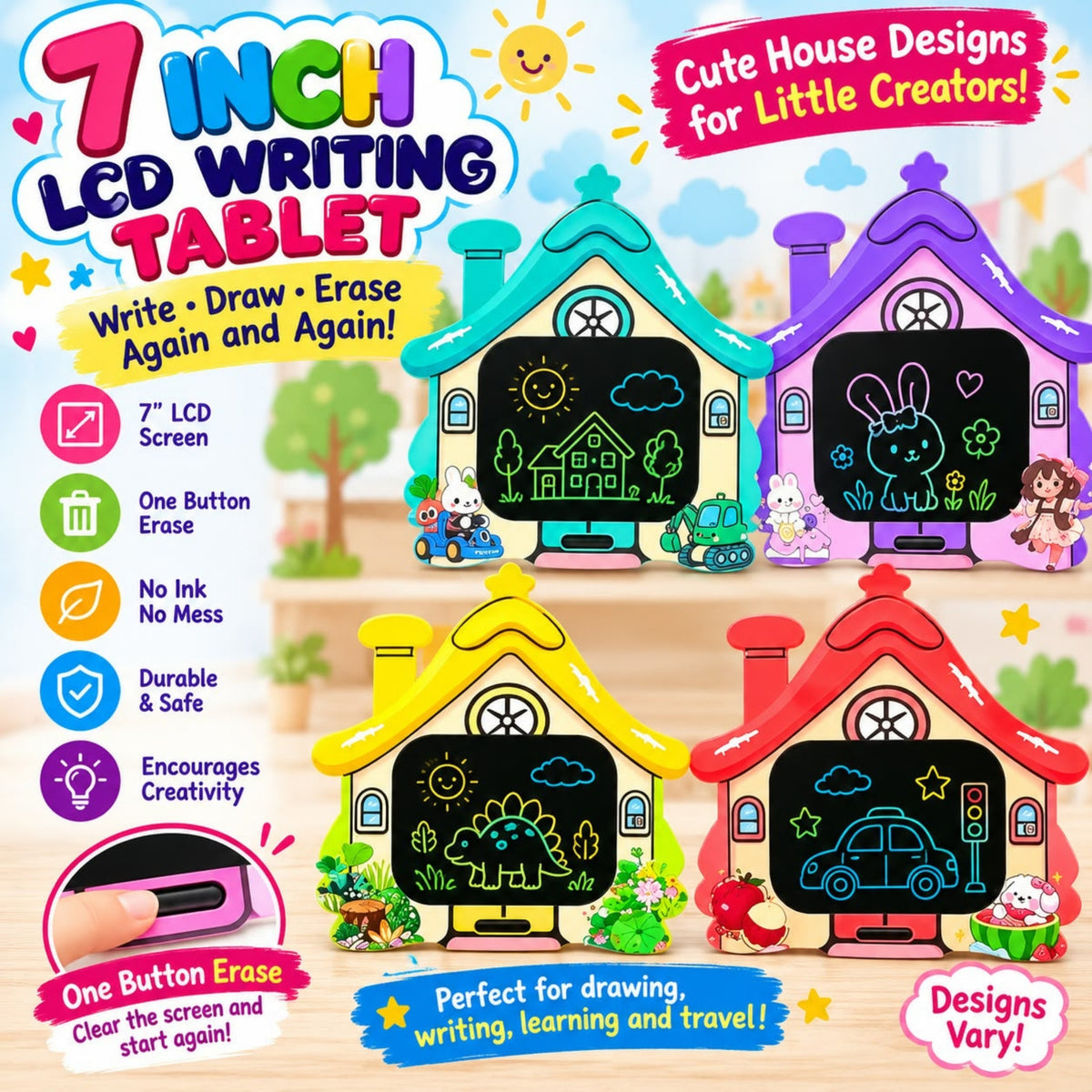 7 Inch LCD Writing Pad with Writing Pen House Design 27 × 29cm in Assorted Colours