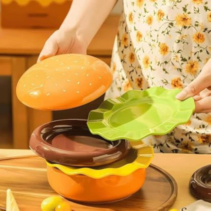 7 Piece Burger Plate Set – Stackable Burger-Themed Dinner Set