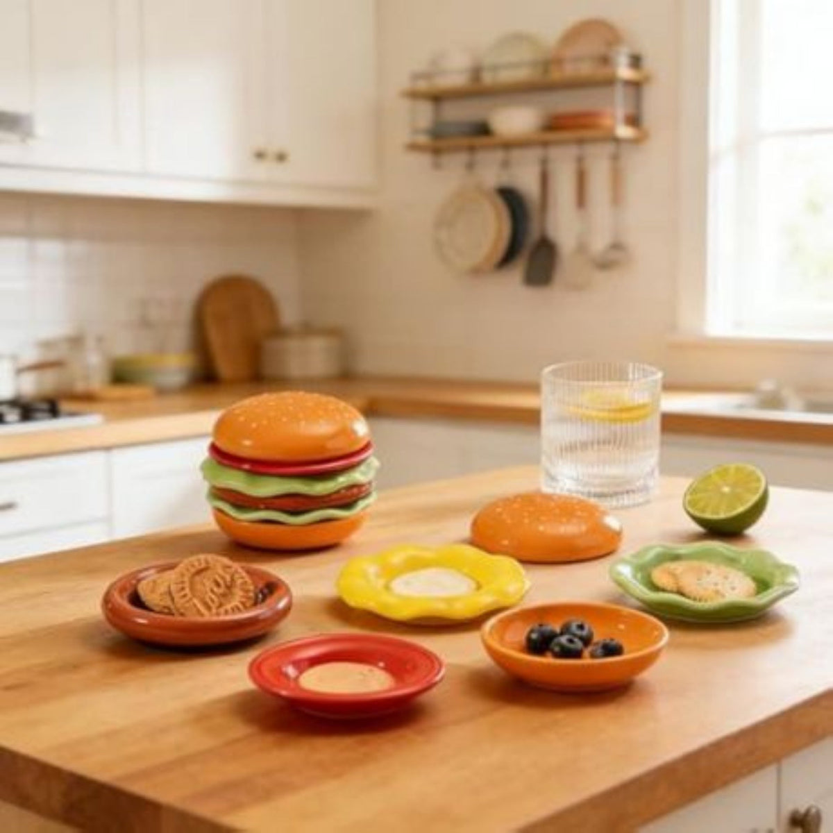 7 Piece Burger Plate Set – Stackable Burger-Themed Dinner Set