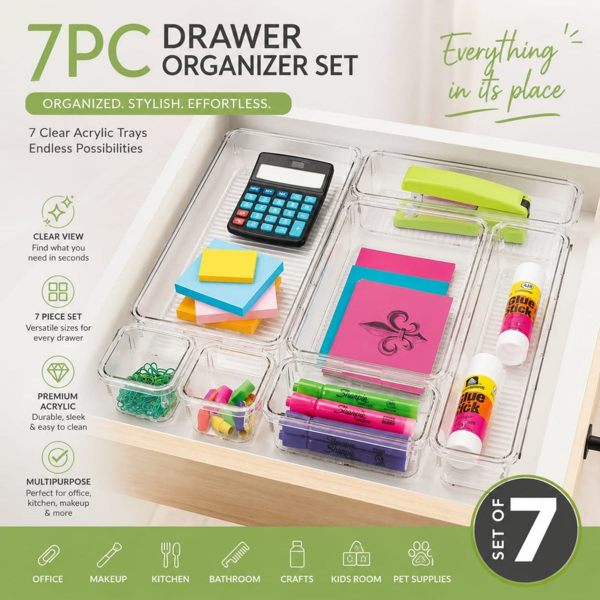7 Piece Drawer Organizer Set – Multi-Size Storage Organizers With Modular Design – Clear