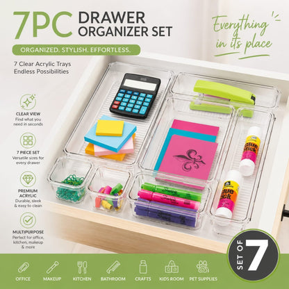7 Piece Drawer Organizer Set – Multi-Size Storage Organizers With Modular Design – Clear