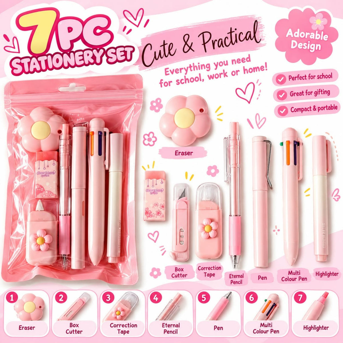 7 Piece Stationery Set – Complete Writing & School Essentials Set – Pink