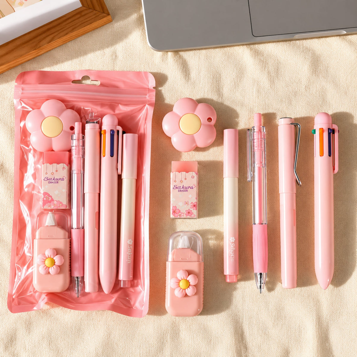 7 Piece Stationery Set – Complete Writing & School Essentials Set – Pink