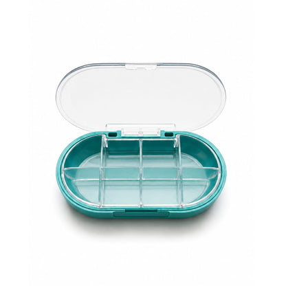 8-Grid Weekly Pill Organizer Medicine Box – Portable Tablet Storage Case – Blue On White Background