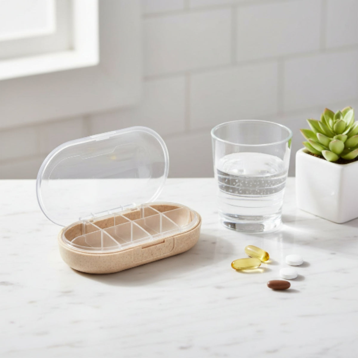 8-Grid Weekly Pill Organizer Medicine Box – Portable Tablet Storage Case – Cream