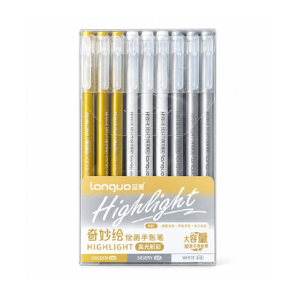 9 Piece Gel Highlighter Pen Set – 0.6mm Fine Tip Smooth Writing – Gold, White & Silver