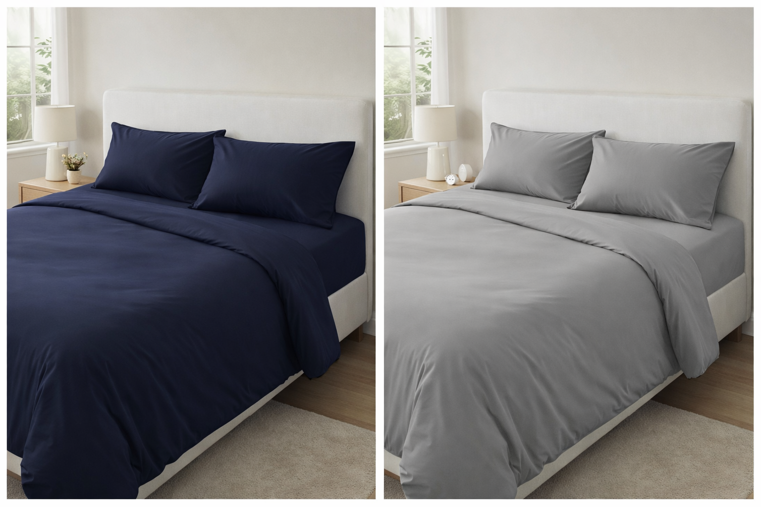 Two bed setups with navy and gray bedding in a minimalistic room.