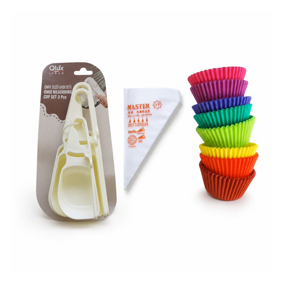 3pc Baking Essentials – Measuring Scoops, Piping Bags & Cupcake Liners