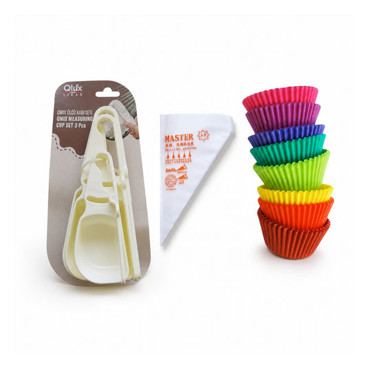 3pc Baking Essentials – Measuring Scoops, Piping Bags & Cupcake Liners
