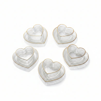 12pc Heart Gold Rim Dessert Bowl & Saucer Set – Elegant Glass Serving Set for Tea, Desserts & Special Occasions