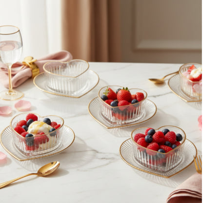 12pc Heart Gold Rim Dessert Bowl & Saucer Set – Elegant Glass Serving Set for Tea, Desserts & Special Occasions