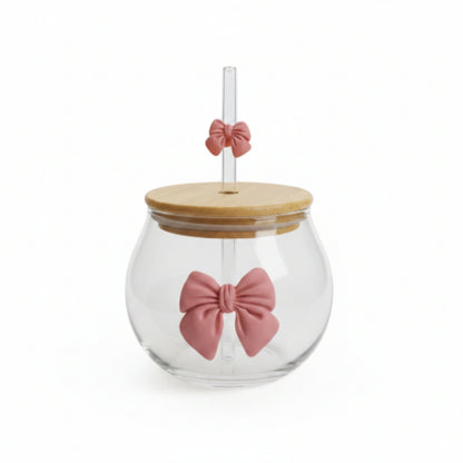 Glass Round Cup With Bow And Straw