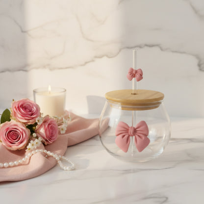 Glass Round Cup With Bow And Straw