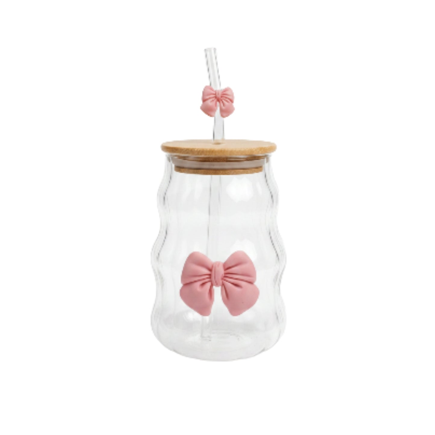 Ribbed Bamboo Lid Glass Can With Bow & Straw - Large 480ml