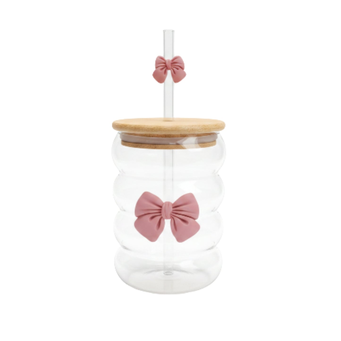 Wavy Bamboo Lid Glass Can With Bow & Straw - Small