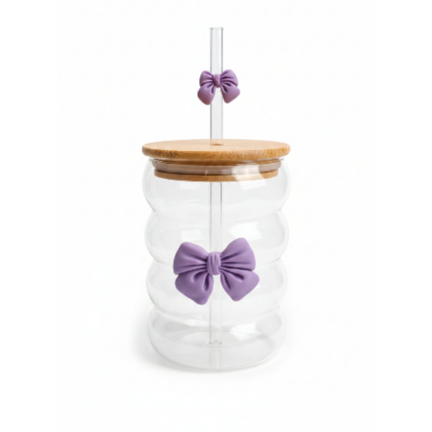 Wavy Bamboo Lid Glass Can With Bow & Straw - Small