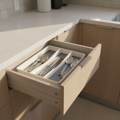 3-Compartment Cutlery Organizer Caddy – White & Grey Kitchen Utensil Holder and Countertop Storage