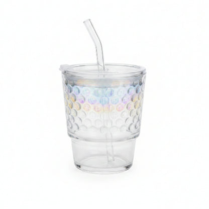 Rainbow Dotted Glass Cup with Lid & Straw 400ml | Reusable Iced Coffee Tumbler