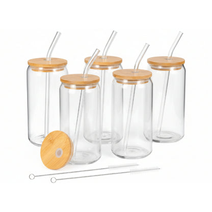 500ml Takmehome 4 Piece Glass Can With Bamboo Lid & Straw Set