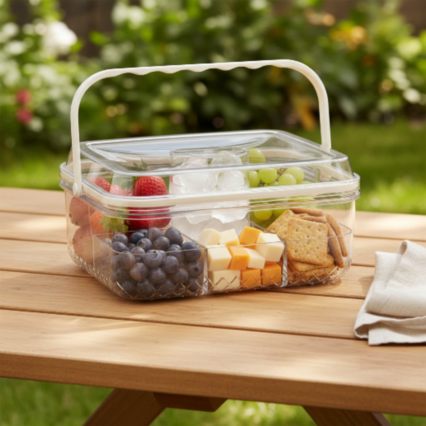 5 Compartment Rectangle Acrylic Snack Box with Ice Column Lifestyle