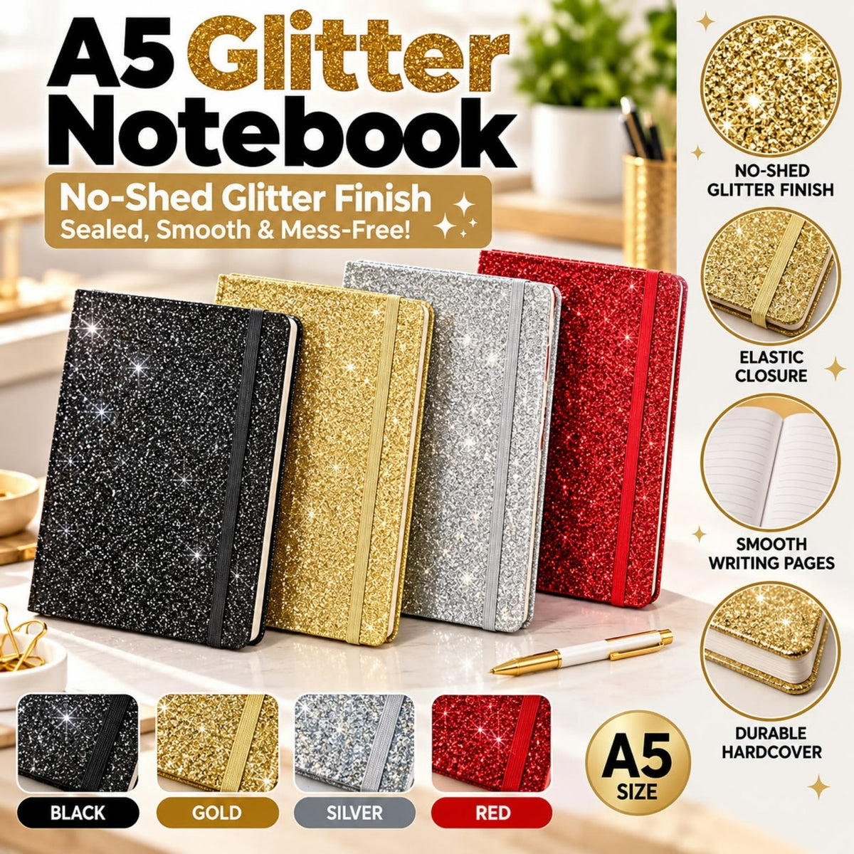 A5 Glitter Notebook – No-Shed Sparkle Cover With Lined Pages