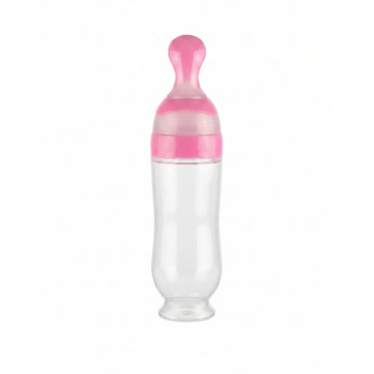 Baby Food Feeding Bottle with Spoon – Pink Silicone Squeeze Feeder