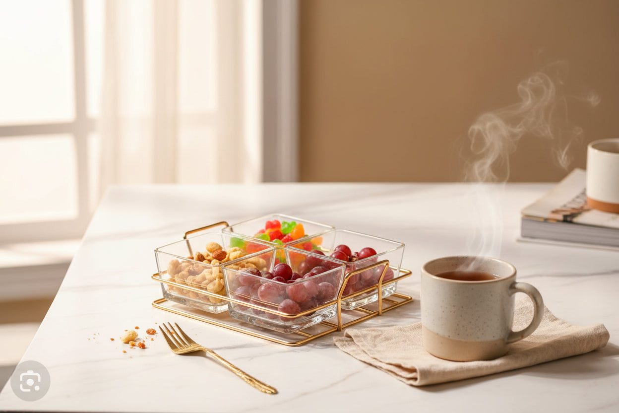 Acrylic 4pc Snack Bowl Set With Gold Handle