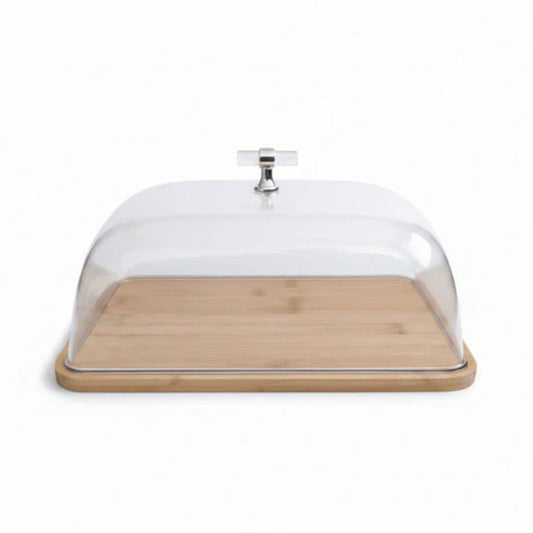 Acrylic Cake Dome With Bamboo Base & Silver Handle 33x23cm