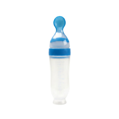 Baby Food Feeding Bottle with Spoon – Blue Silicone Squeeze Feeder