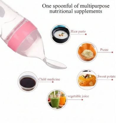 Baby Food Feeding Bottle with Spoon – Pink Silicone Squeeze Feeder