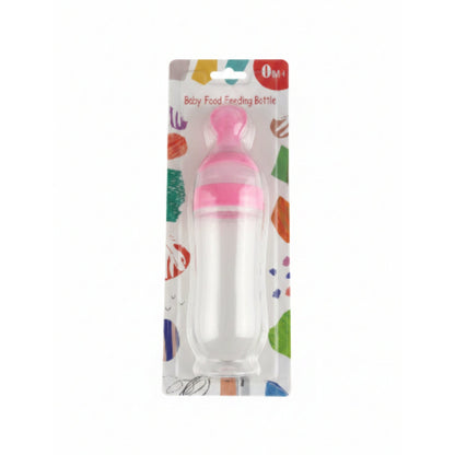 Baby Food Feeding Bottle with Spoon – Pink Silicone Squeeze Feeder