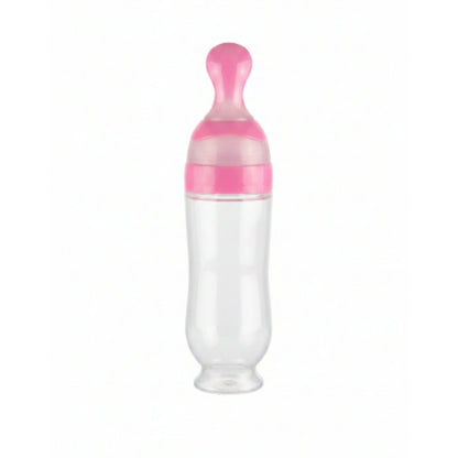 Baby Food Feeding Bottle with Spoon – Pink Silicone Squeeze Feeder