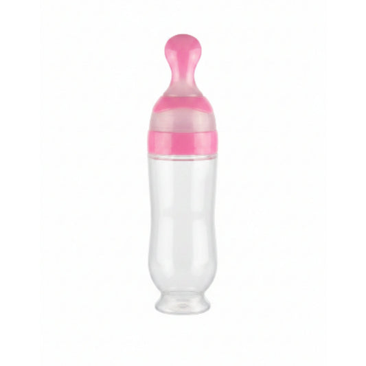 Baby Food Feeding Bottle with Spoon – Pink Silicone Squeeze Feeder