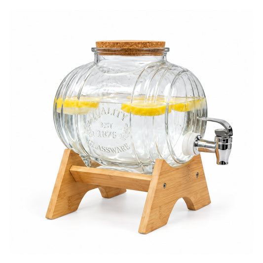 Barrel Shape Glass Dispenser – Beverage Serving Jar with Tap & Stand