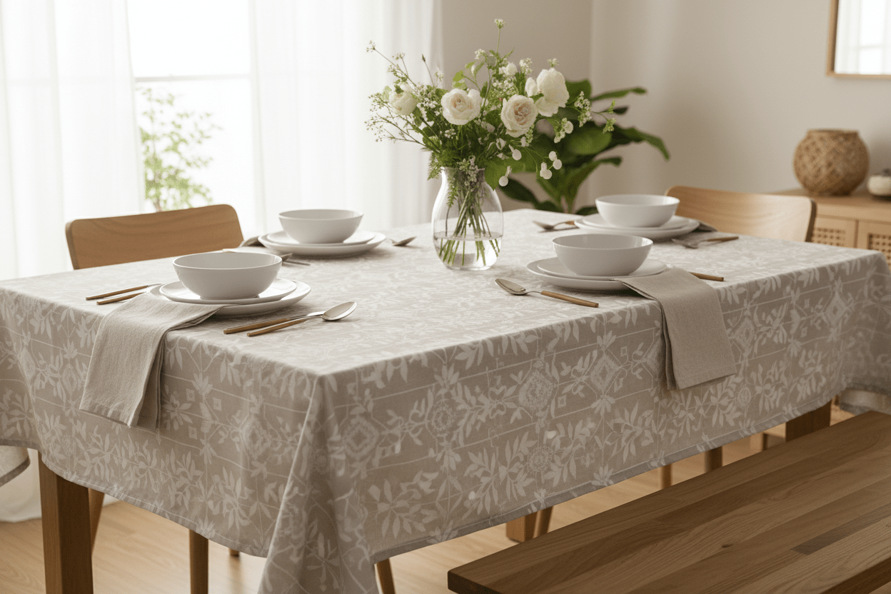 Beige Floral Table Cloth 10 Seater 1.8m x 2.7m