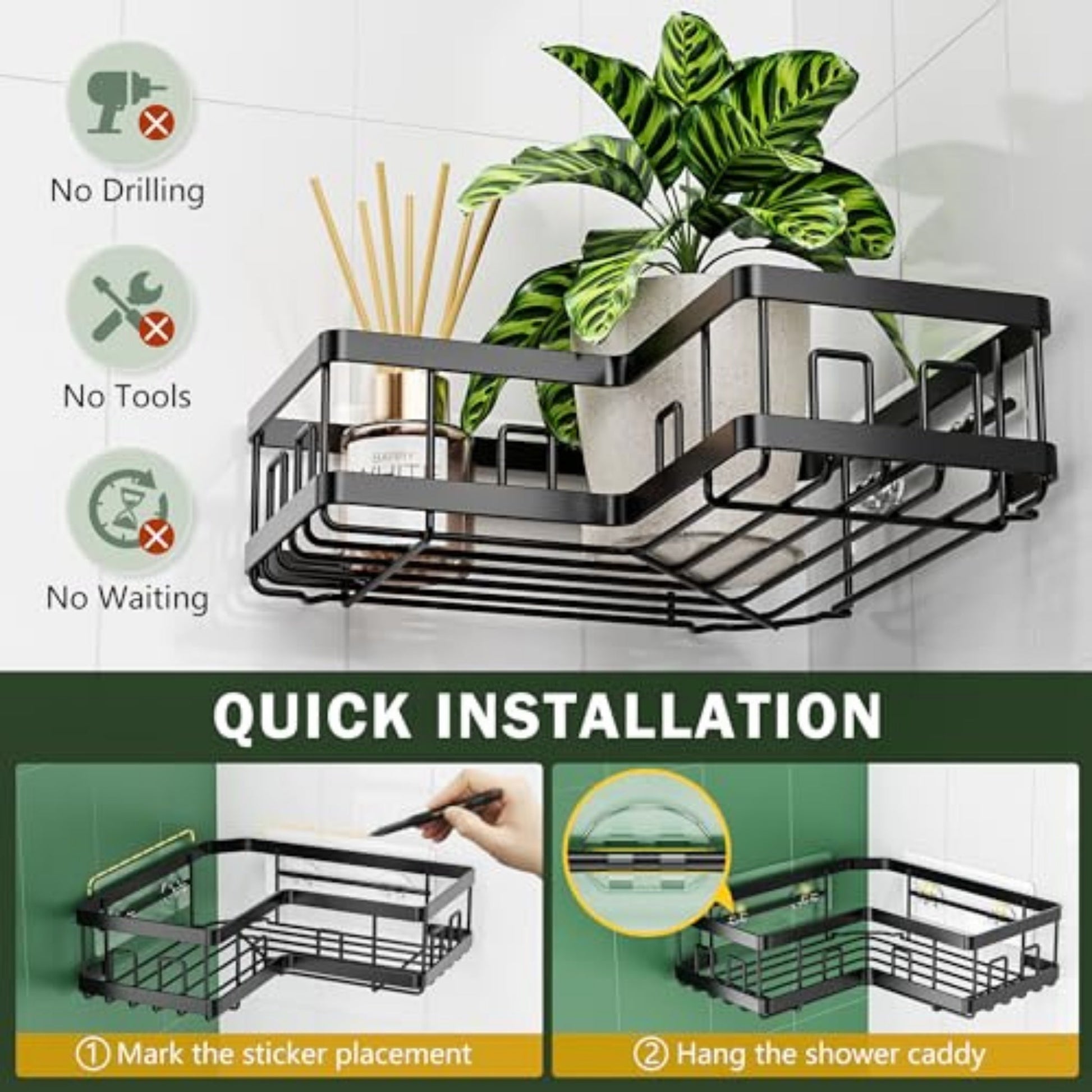Black Corner Shower Caddy | Rust-Resistant Bathroom Shower Organizer Shelf