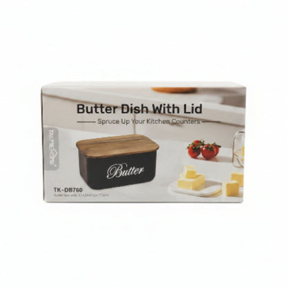 Black Metal Butter Dish with Bamboo Lid – Modern Kitchen Butter Keeper & Storage Container