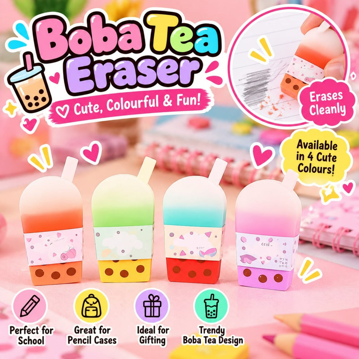 Boba Tea Eraser – Cute Novelty Stationery Eraser – Bubble Tea Cup Design