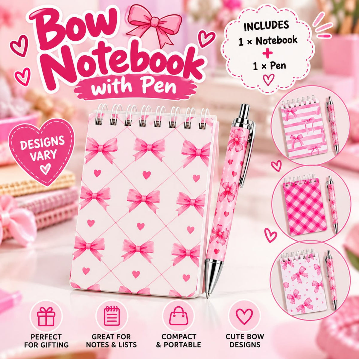 Bow Notebook with Pen Set in Assorted Bow Designs with 6 × 10cm Notebook and 13.5cm Pen