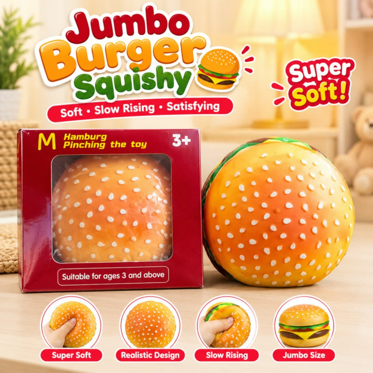 Burger Squishy – Soft Squeeze Stress Relief Fidget Toy – Burger Design